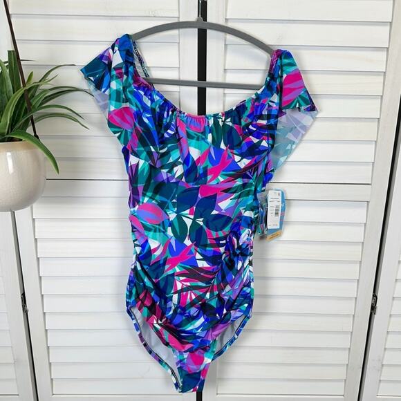 New Swim Solutions Off‎ Shoulder Swimsuit Tropical Multi Slimming Size 14 - Picture 1 of 11